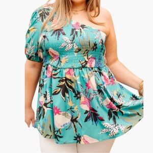 5208. Floral One-Shoulder Top - Teal